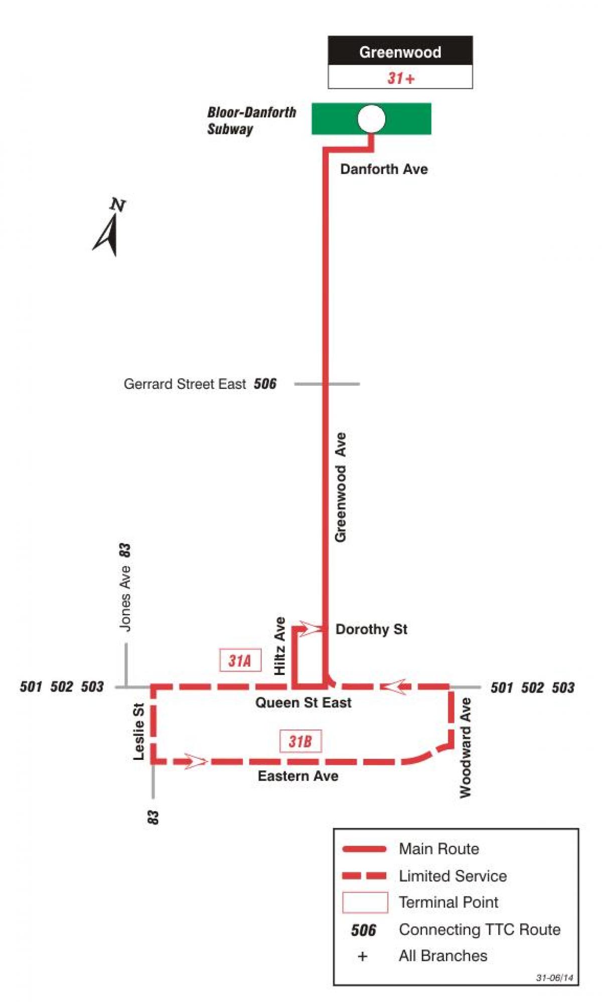 خريطة TTC 31 Greenwood مسار الحافلة تورونتو