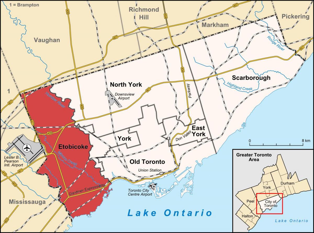 خريطة Etobicoke مدينة تورونتو