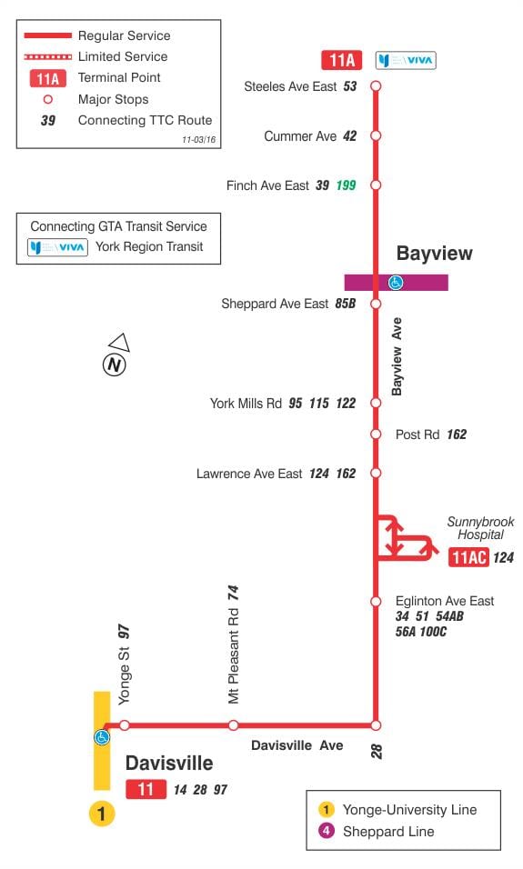 خريطة TTC 11 Bayview مسار الحافلة تورونتو