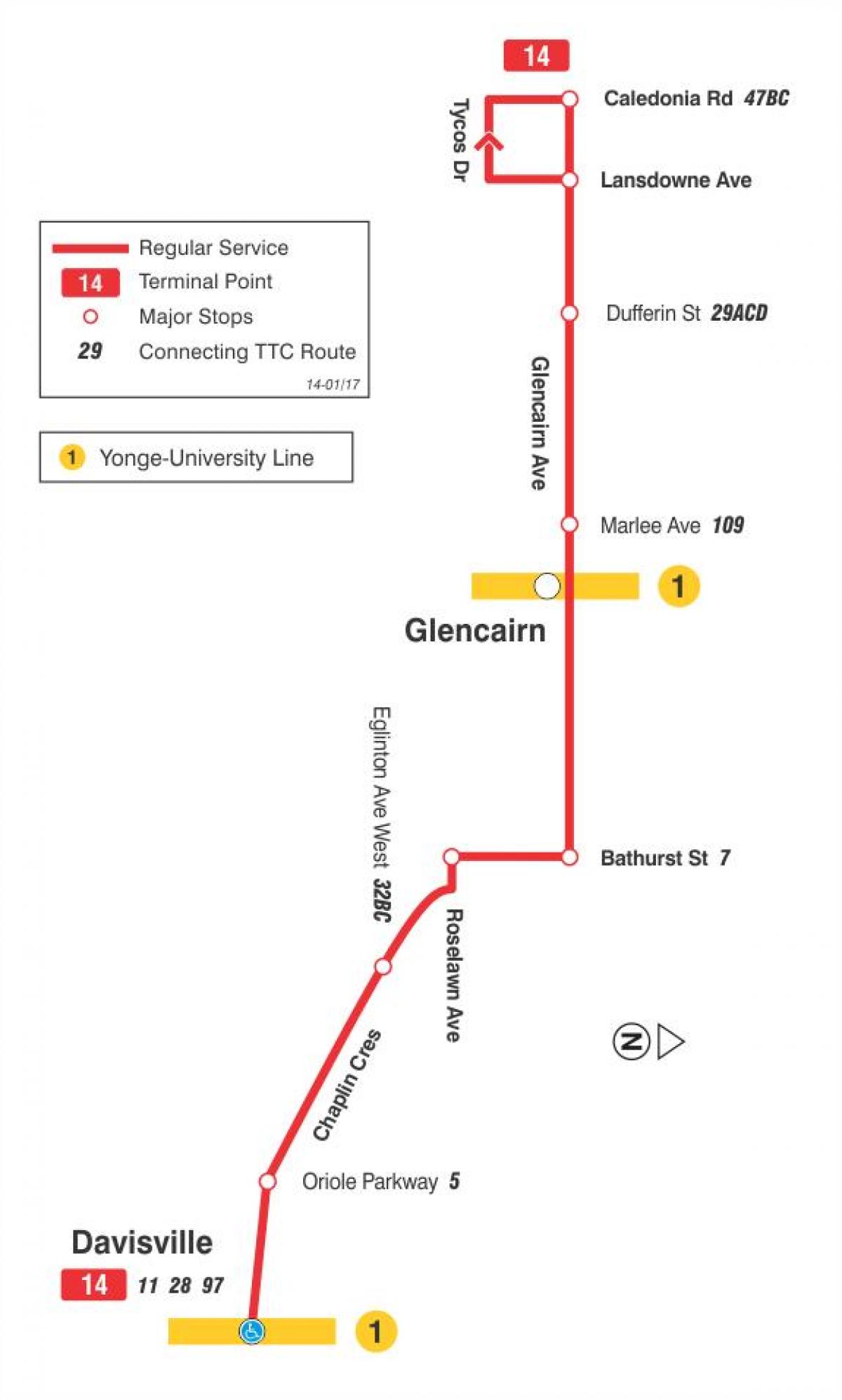 خريطة TTC 14 Glencairn مسار الحافلة تورونتو