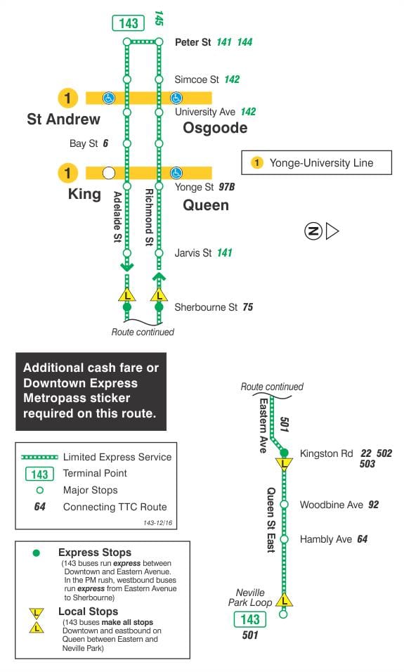 خريطة TTC 143 Downtown / شاطئ التعبير عن مسار الحافلة تورونتو