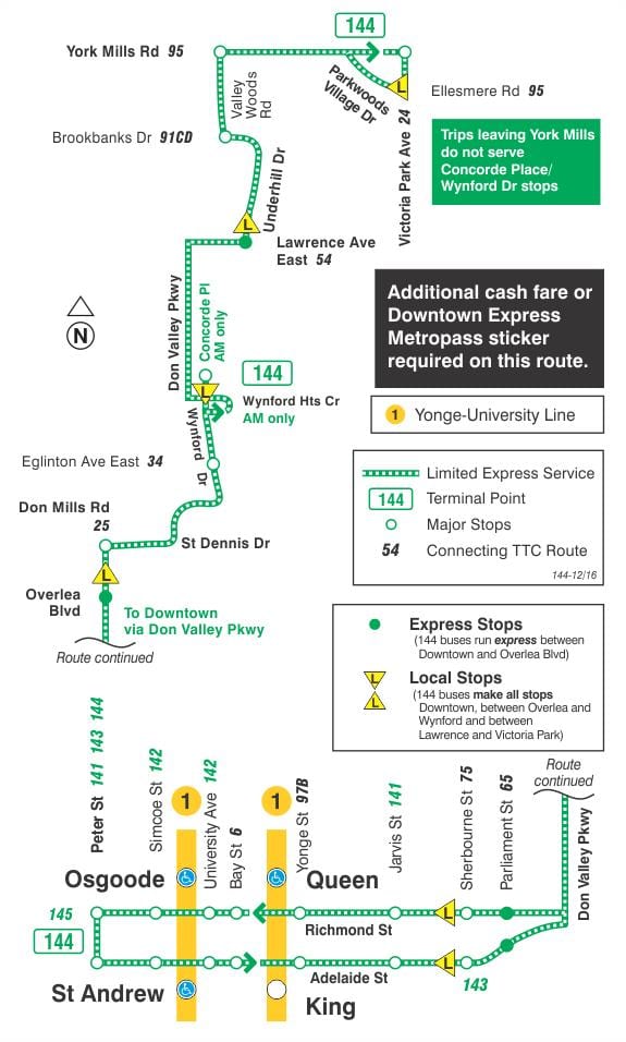 خريطة TTC 144 Downtown / Don Valley التعبير عن مسار الحافلة تورونتو
