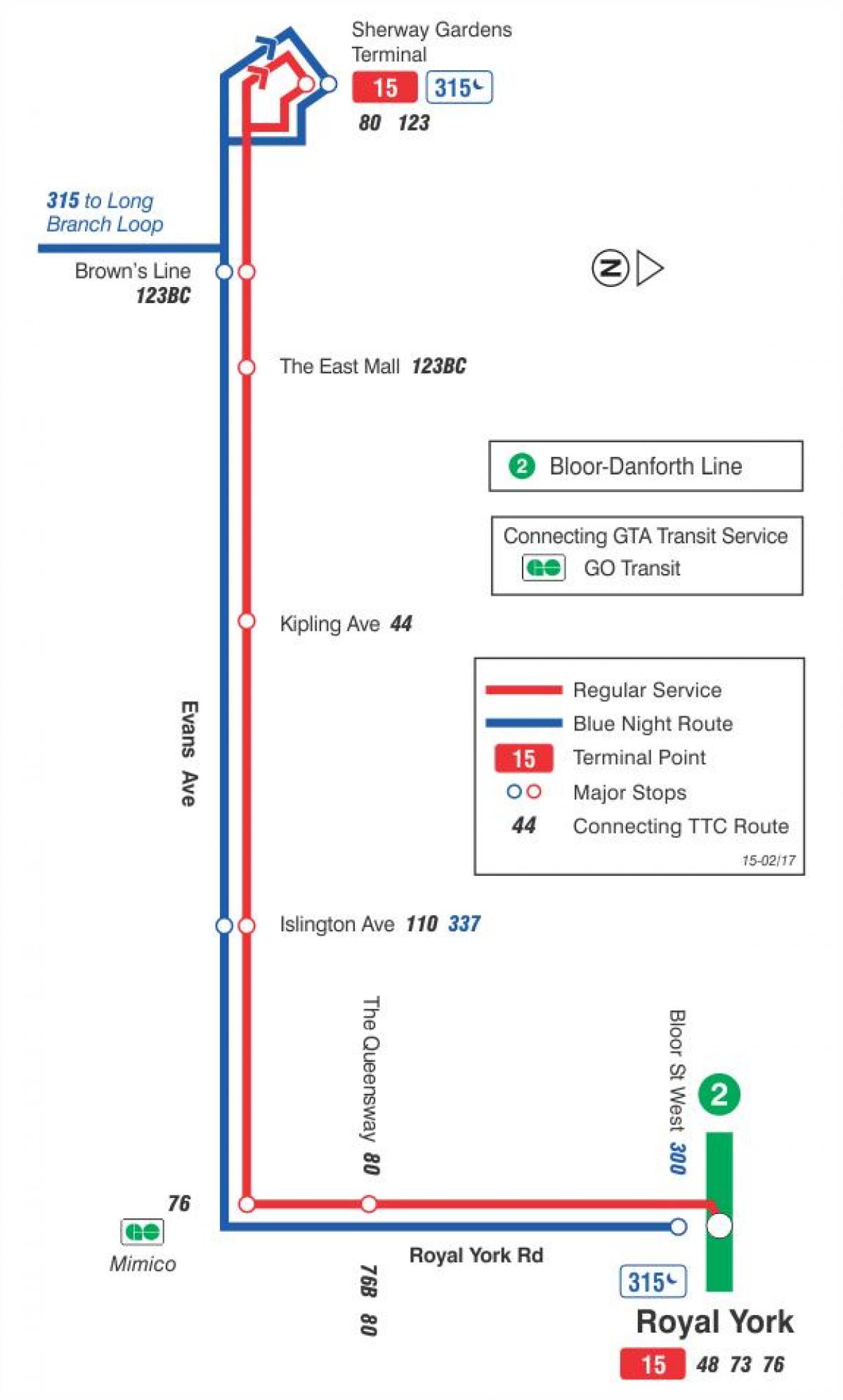 خريطة TTC 15 إيفانز مسار الحافلة تورونتو