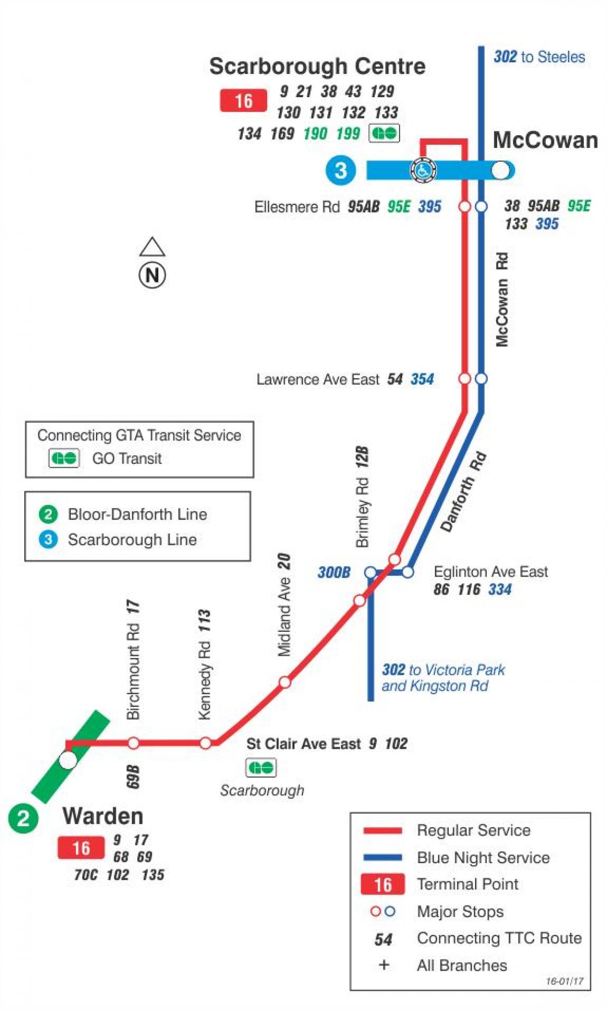 خريطة TTC 16 McCowan مسار الحافلة تورونتو