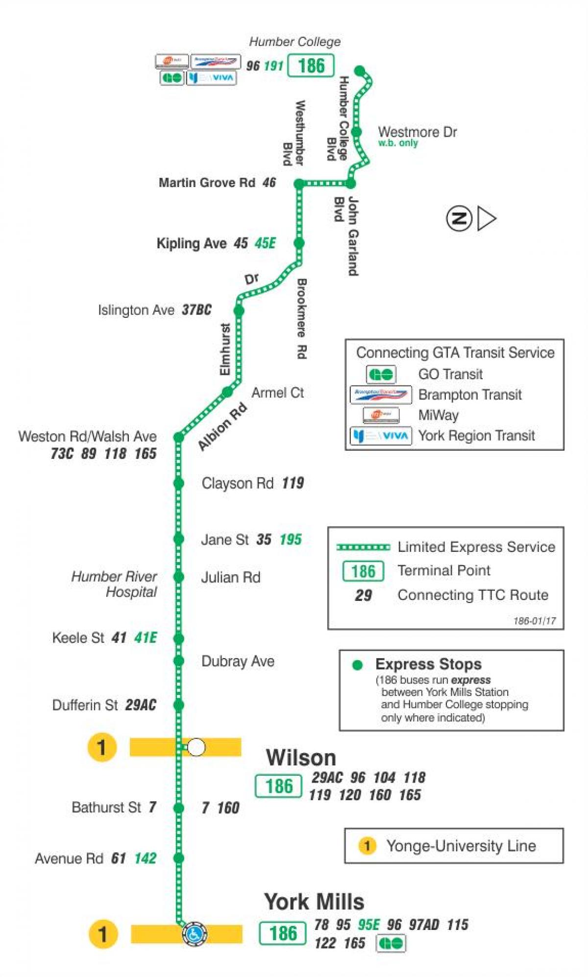 خريطة TTC 186 ويلسون الصواريخ مسار الحافلة تورونتو