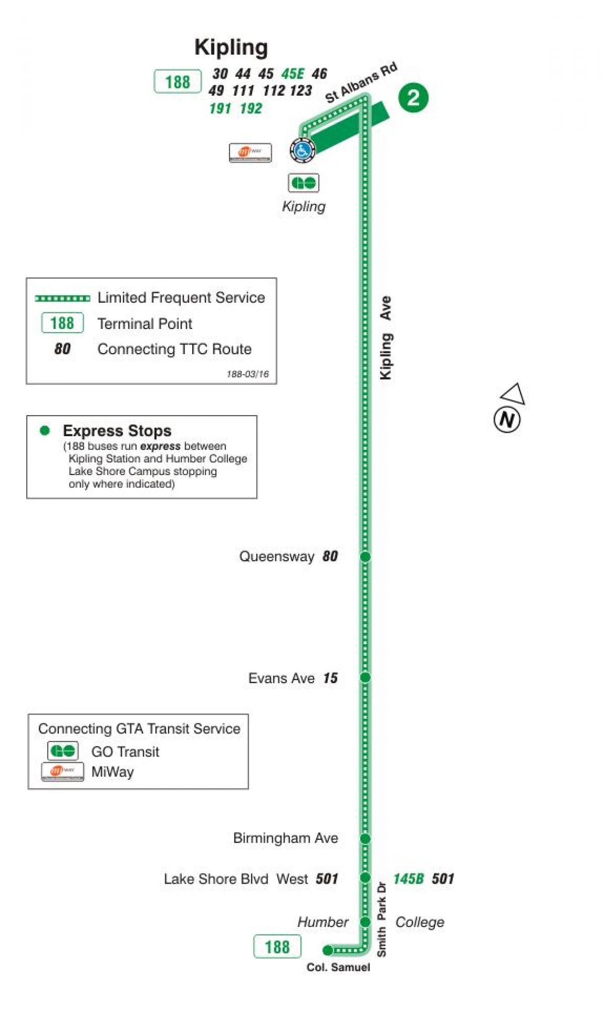 خريطة TTC 188 كيبلينغ جنوب الصواريخ مسار الحافلة تورونتو