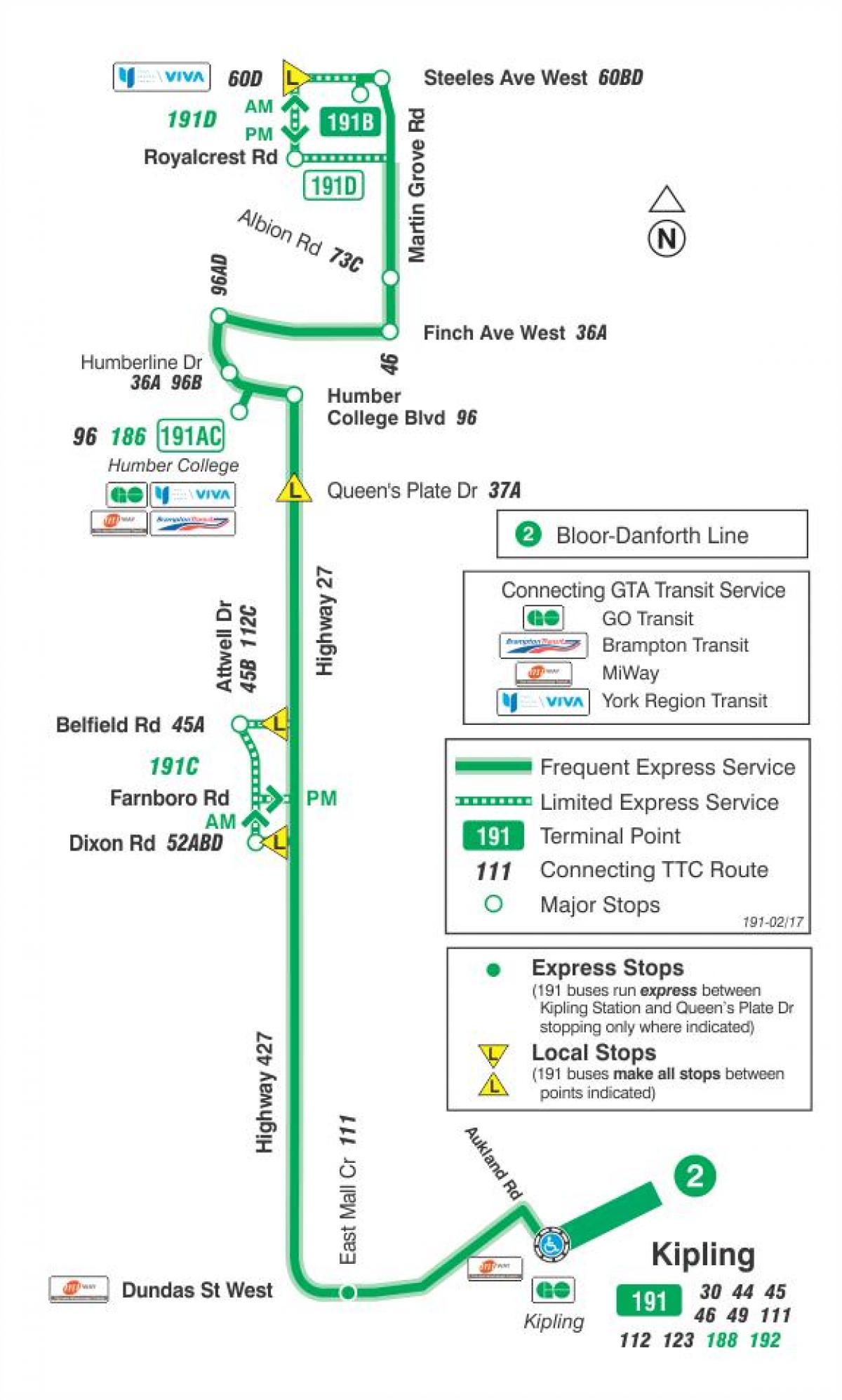 خريطة TTC 191 Highway 27 صاروخ حافلة تورونتو