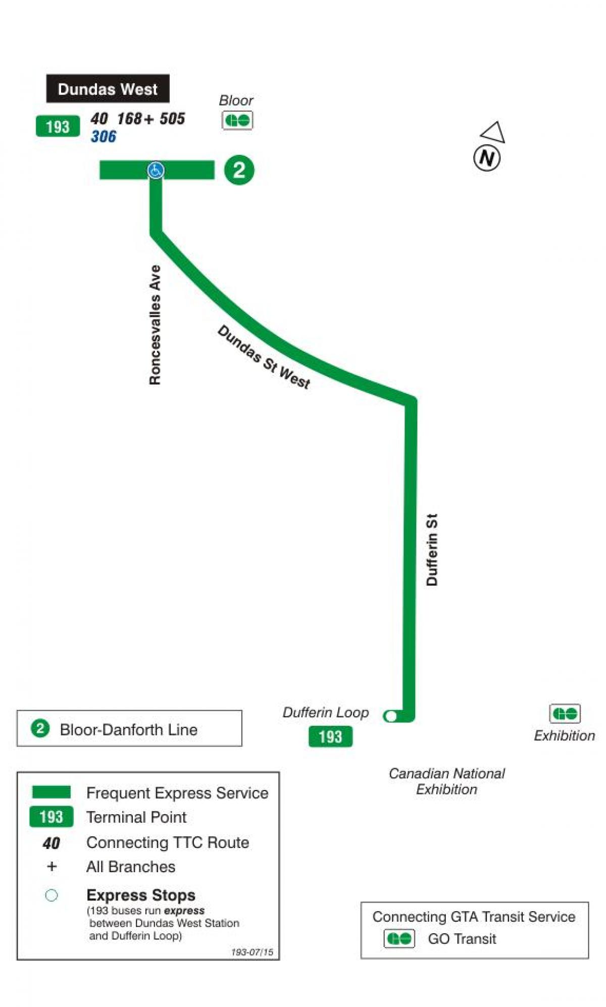 خريطة TTC 193 المعرض الصواريخ مسار الحافلة تورونتو