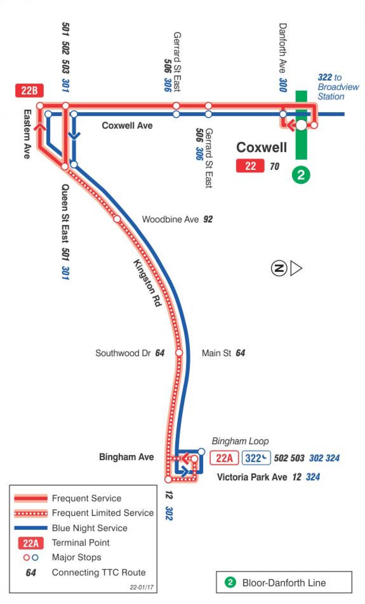 خريطة TTC 22 Coxwell مسار الحافلة تورونتو