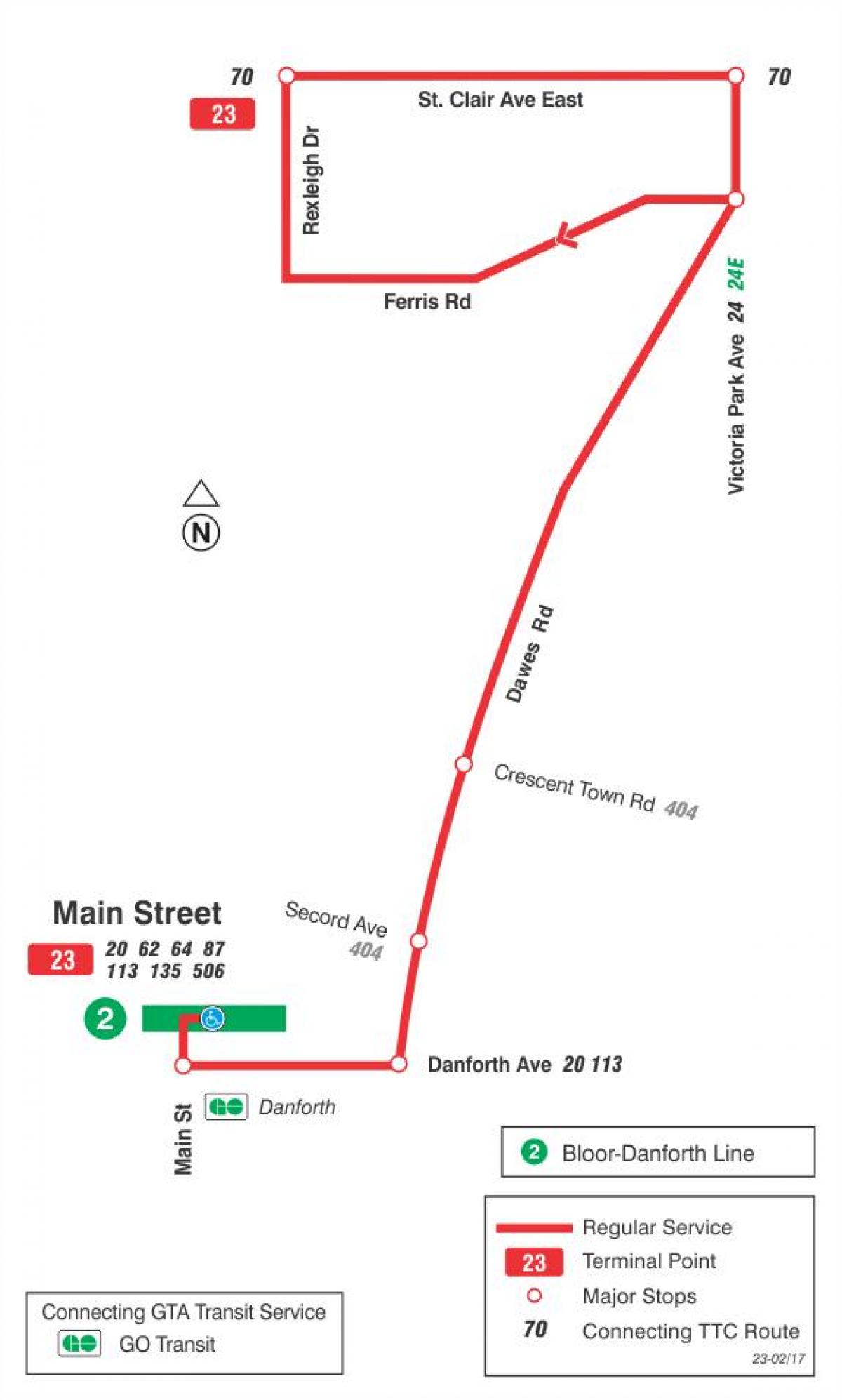 خريطة TTC 23 دوز مسار الحافلة تورونتو