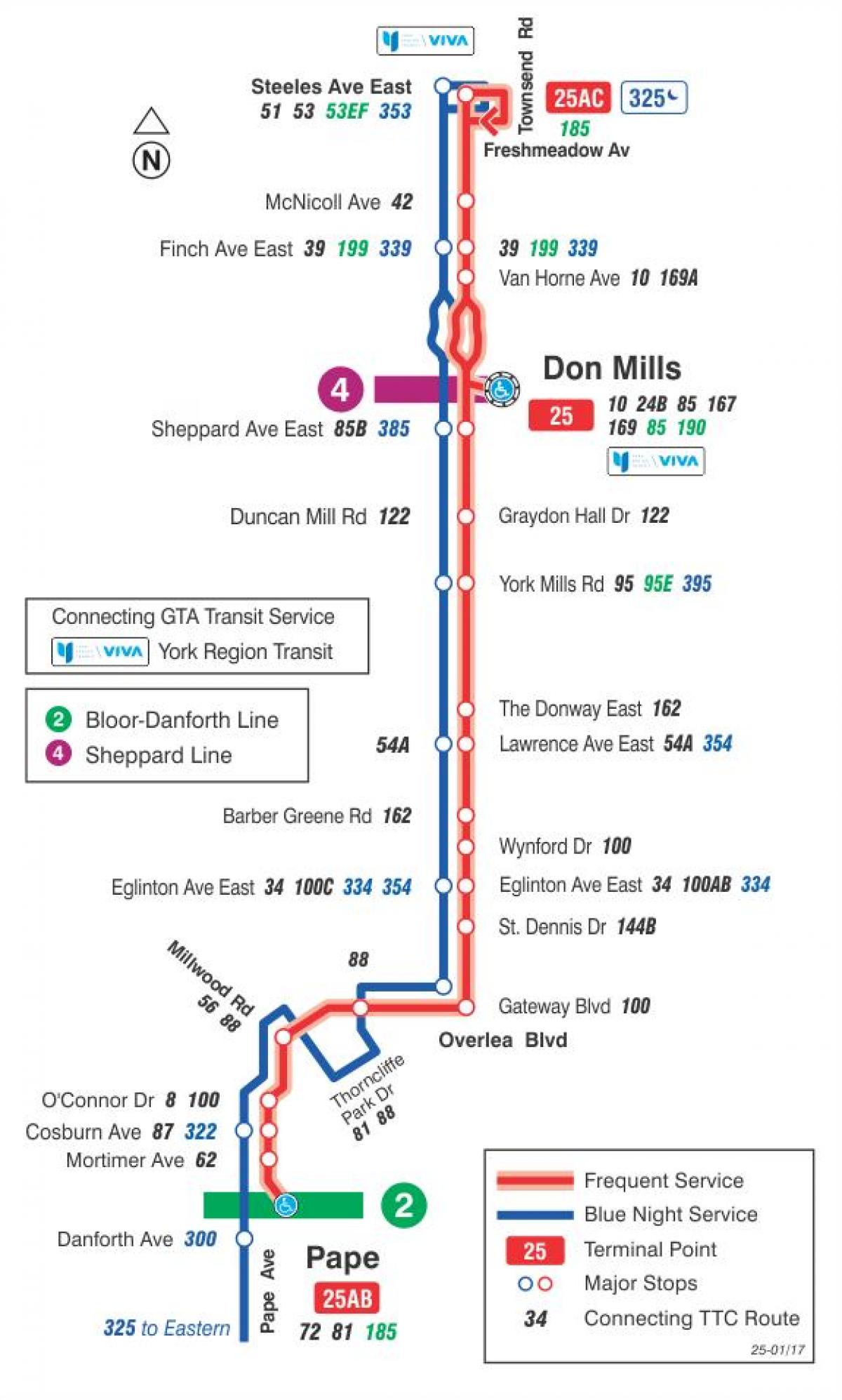 خريطة TTC 25 لا مطاحن مسار الحافلة تورونتو