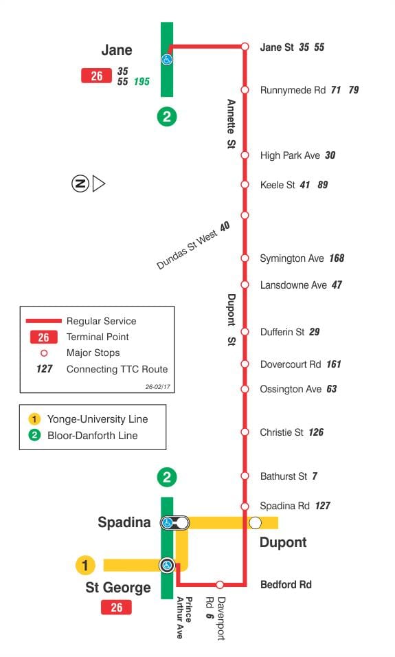 خريطة TTC 26 دوبونت مسار الحافلة تورونتو