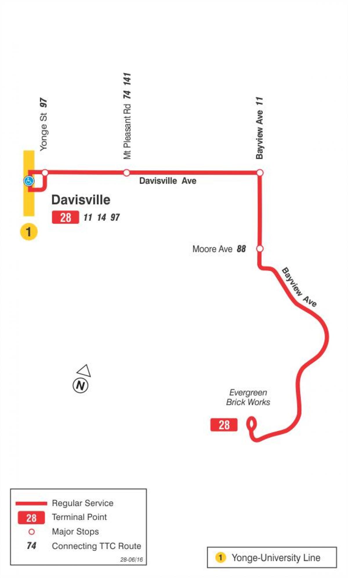 خريطة TTC 28 Bayview جنوب مسار الحافلة تورونتو