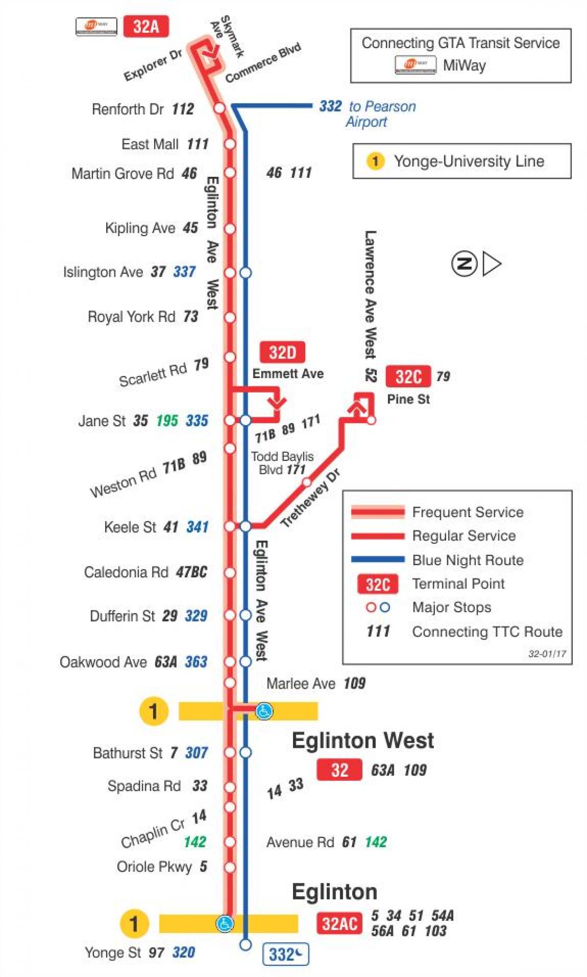 خريطة TTC 32 Eglinton غرب مسار الحافلة تورونتو