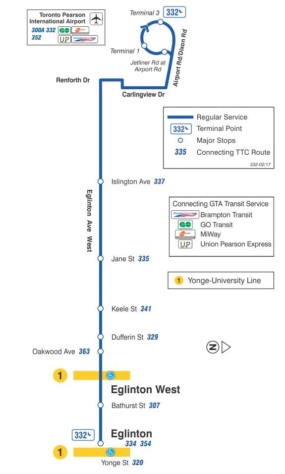 خريطة TTC 332 Eglinton غرب مسار الحافلة تورونتو
