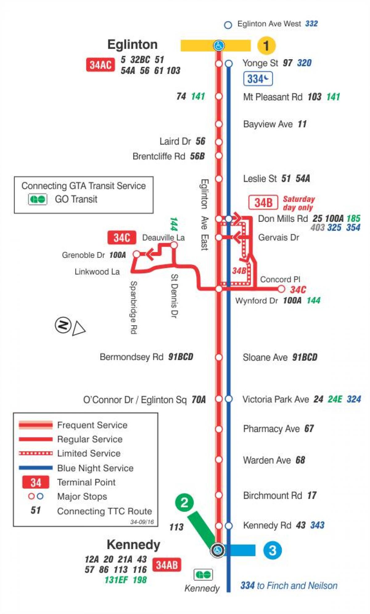 خريطة TTC 34 Eglinton الشرق مسار الحافلة تورونتو