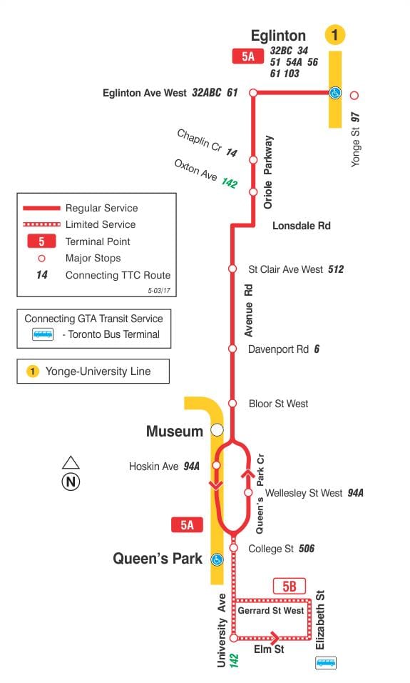 خريطة TTC 5 شارع Rd مسار الحافلة تورونتو