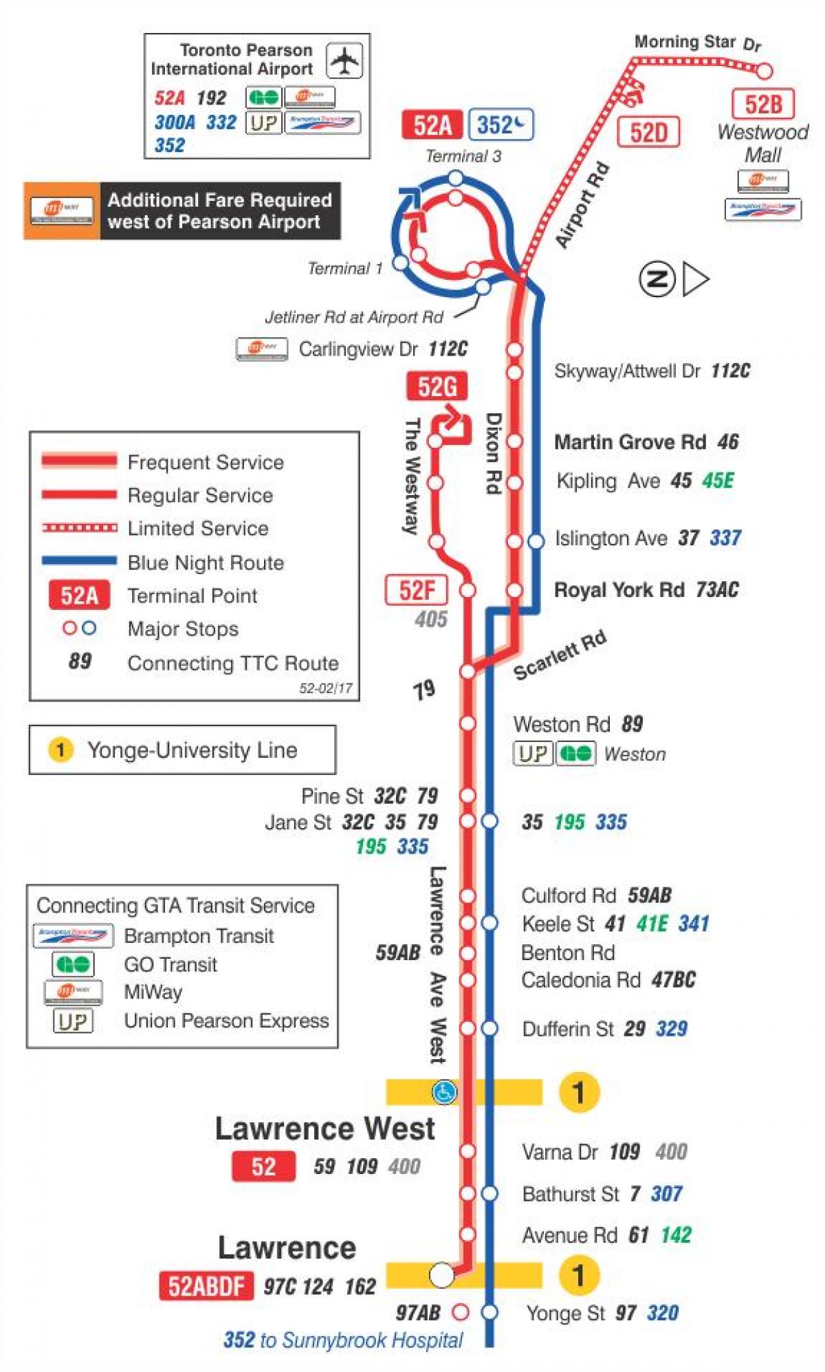 خريطة TTC 52 لورانس غرب مسار الحافلة تورونتو