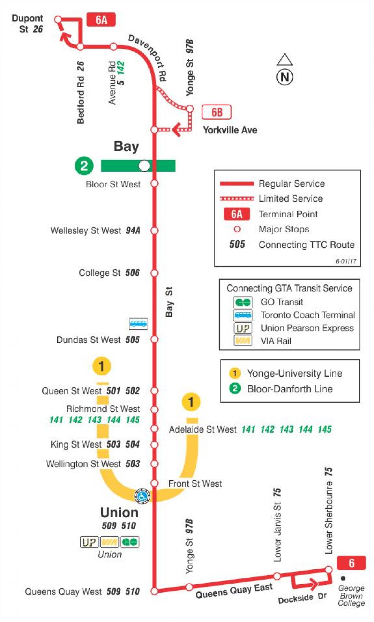 خريطة TTC 6 خليج مسار الحافلة تورونتو