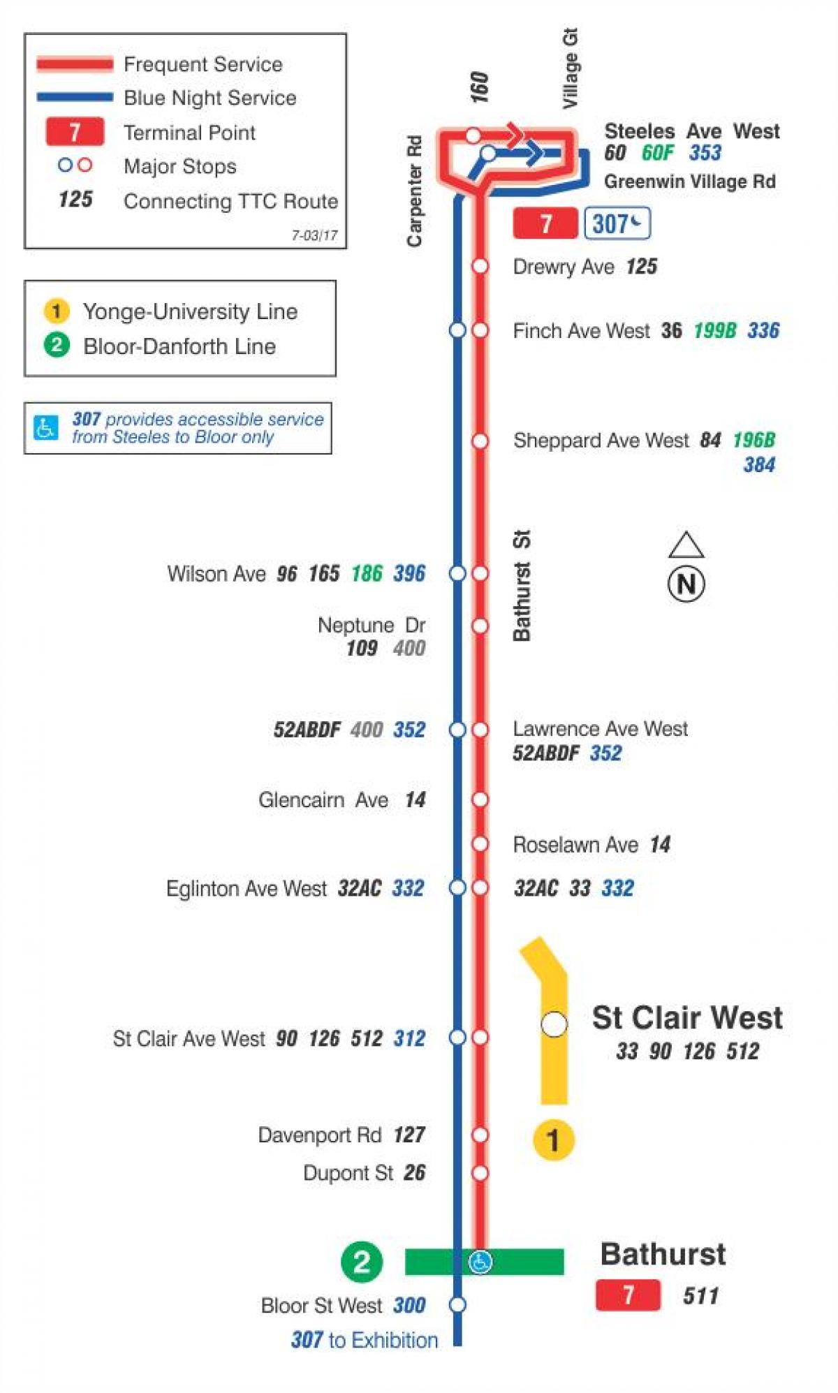 خريطة TTC 7 باثورست مسار الحافلة تورونتو