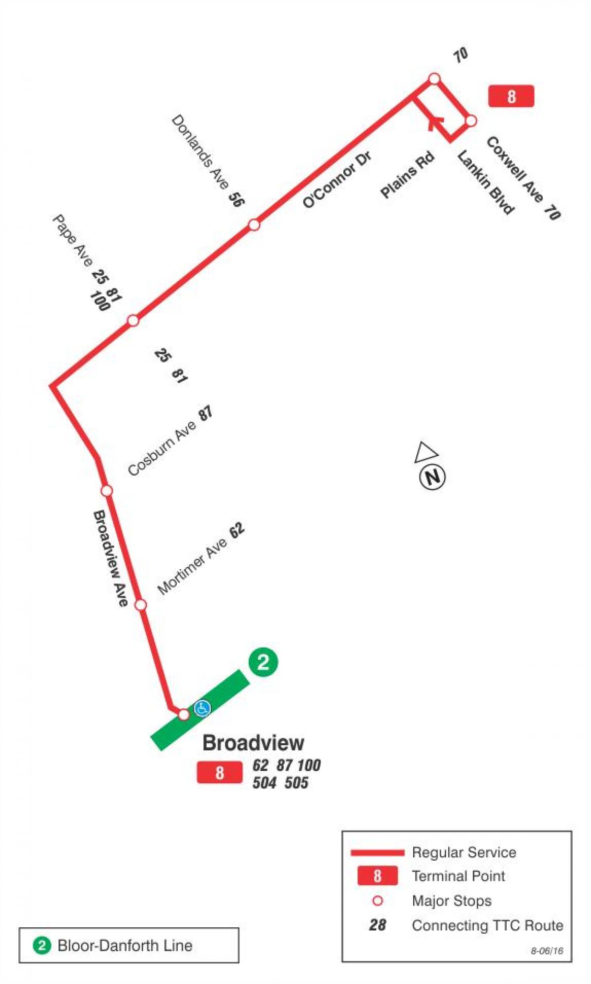 خريطة TTC 8 Broadview مسار الحافلة تورونتو