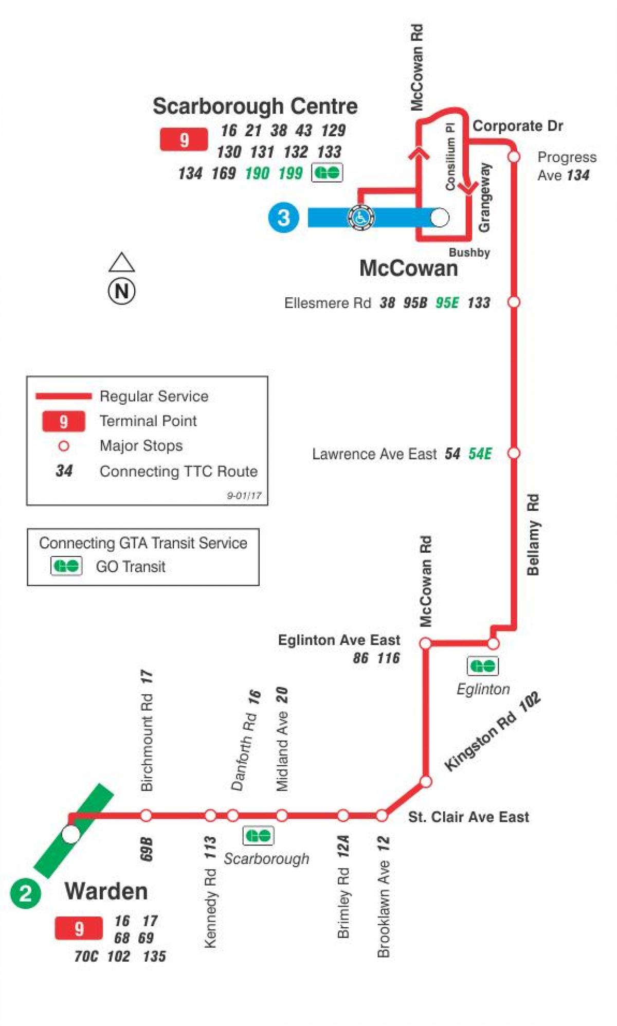 خريطة TTC 9 بيلامي مسار الحافلة تورونتو