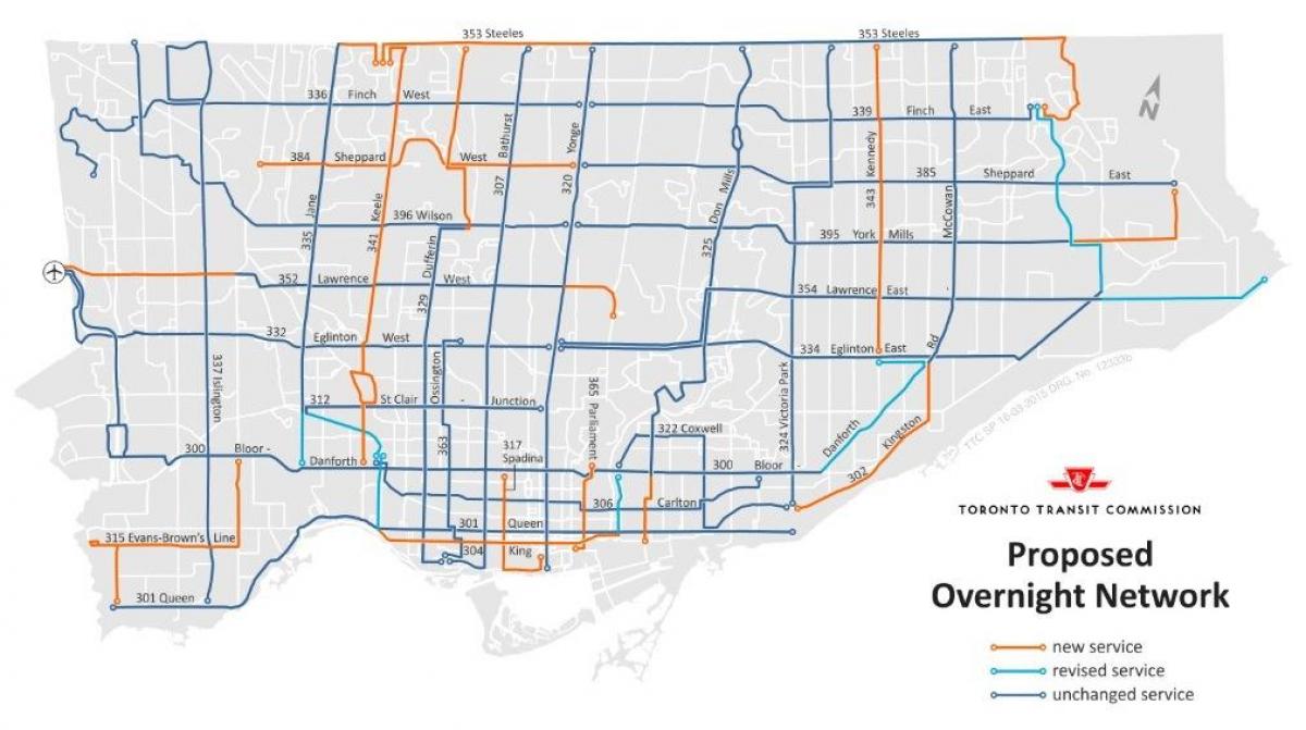 خريطة TTC بين عشية وضحاها شبكة تورونتو