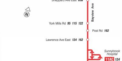 خريطة TTC 11 Bayview مسار الحافلة تورونتو