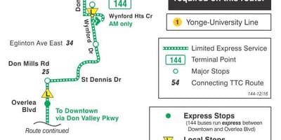 خريطة TTC 144 Downtown / Don Valley التعبير عن مسار الحافلة تورونتو
