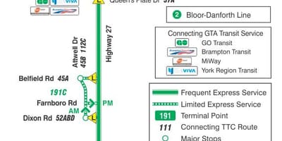 خريطة TTC 191 Highway 27 صاروخ حافلة تورونتو