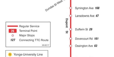 خريطة TTC 26 دوبونت مسار الحافلة تورونتو
