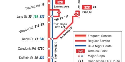 خريطة TTC 32 Eglinton غرب مسار الحافلة تورونتو