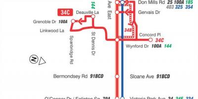 خريطة TTC 34 Eglinton الشرق مسار الحافلة تورونتو