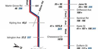 خريطة TTC 36 فينش غرب مسار الحافلة تورونتو