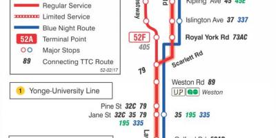 خريطة TTC 52 لورانس غرب مسار الحافلة تورونتو
