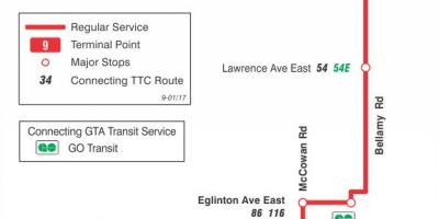خريطة TTC 9 بيلامي مسار الحافلة تورونتو
